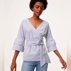 NWT New Ann Taylor LOFT Blue Stripe Tie Blouse 100% Cotton XXS ✨ 2 /$15 ✨